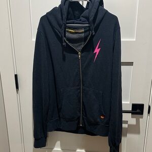 Aviator Nation unisex Black Hoodie with pink lightening bolt. Cozy. No blemishes